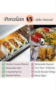 Taco Holders Set of 2, Porcelain Large Taco Tray with Handles, Reusable and Stackable Taco Plates, Perfect for Burritos and Tortillas Holder Handles, Oven & Microwave Safe. M