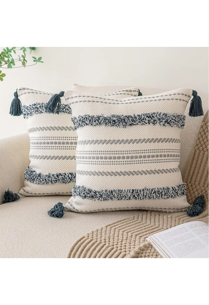 Boho Throw Pillow  20x20 Set of 2 Woven Tufted Farmhouse Pillows Cover with Tassels Textured Striped Cushion Case Neutral Pillow Cases Decorative Pillowcase for Sofa, Bed, Dark Blue