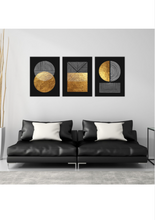 Load image into Gallery viewer, LUCCAZINI Abstract minimalist shapes geometric wall art in gold, grey and white on black background set of 3 12x16inch each panel canvas stretched on wood frame