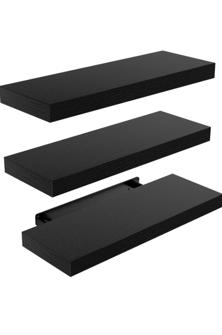 AMADA HOME FURNISHING Floating Shelves Black, Wall Shelves with Invisible Brackets for Bedroom, Bathroom, Living Room, Kitchen, Set of 3 -