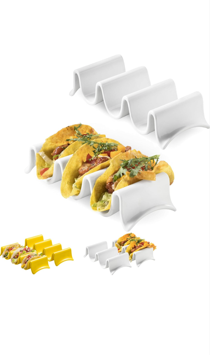 Taco Holders Set of 2, Porcelain Large Taco Tray with Handles, Reusable and Stackable Taco Plates, Perfect for Burritos and Tortillas Holder Handles, Oven & Microwave Safe. M