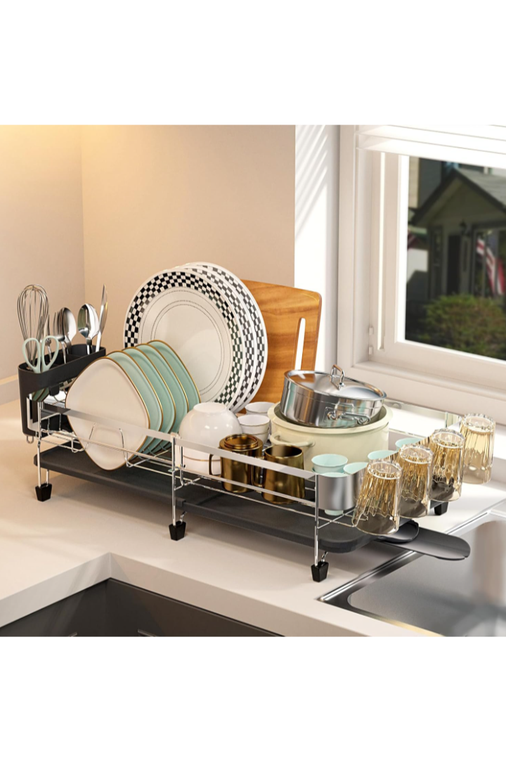 Dish Drying Rack, Dish Rack with Drainboard, Kitchen Dish Drying Rack with Rotatable Swivel Spout and Utensil Holder, Stainless Steel Expandable Dish Drainer - Grey