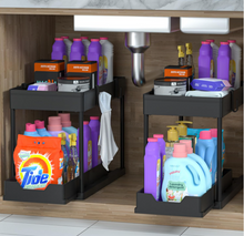 Load image into Gallery viewer, 2 Pack Double Sliding Under Sink Organizers and Storage, 2 Tier Under Bathroom Cabinet Shelf Organizer with Hooks Hanging Cup, Home Organization, Black