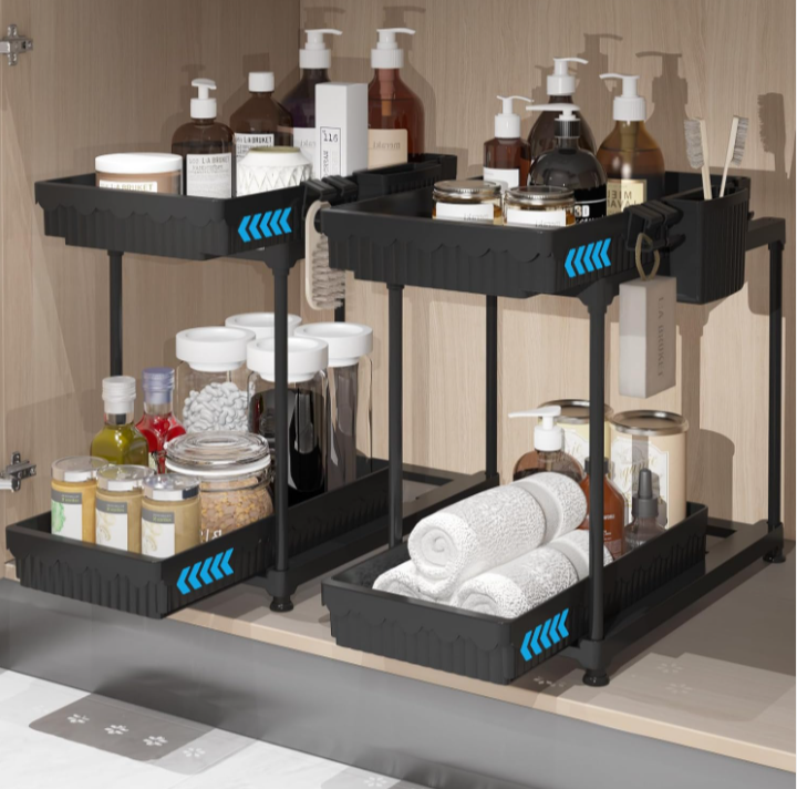 2 Pack Double Sliding Under Sink Organizers and Storage, 2 Tier Under Bathroom Cabinet Shelf Organizer with Hooks Hanging Cup, Home Organization, Black