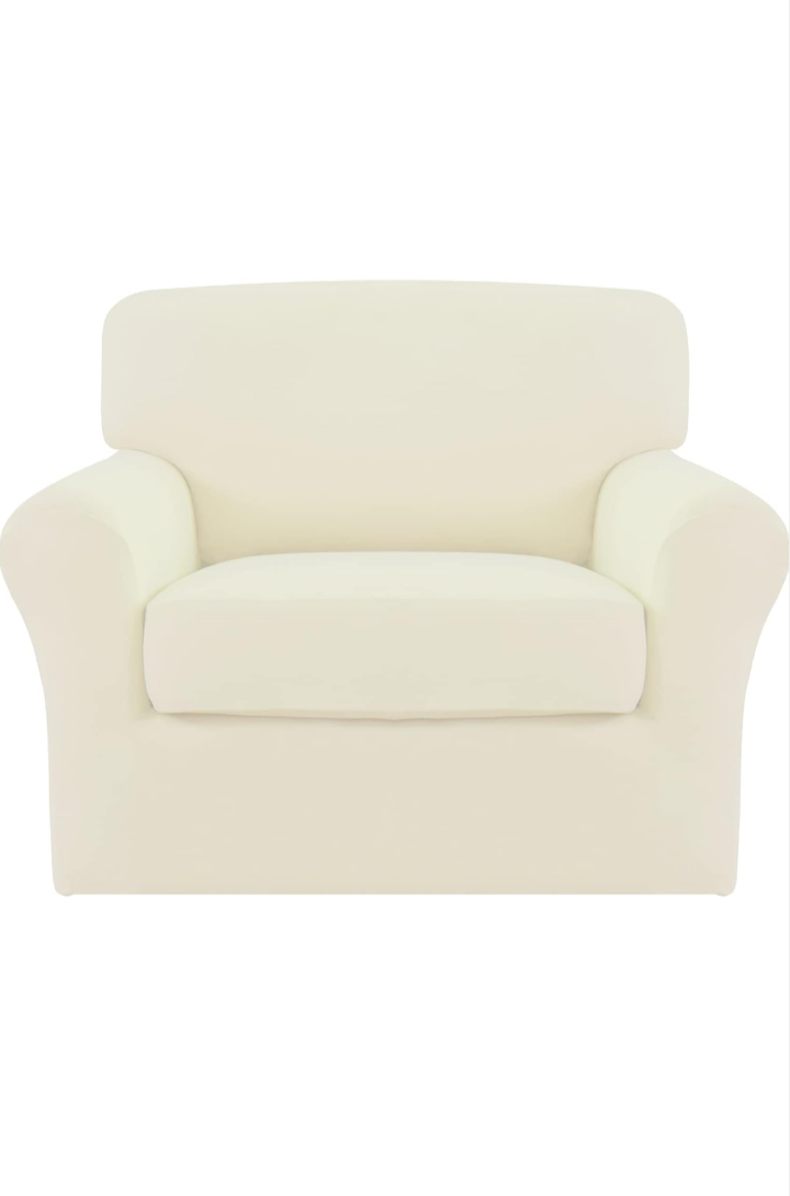 Easy-Going 2 Pieces Fleece Stretch Chair Sofa Slipcover Washable Sofa Couch Cover, Spandex Soft Fitted Furniture Protector, Kids, Pet, Dog (Chair, Ivory)