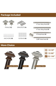 Antique Silver Curtain Rods for Windows 72 to 144 Inches(6-12ft), 1 Inch Long Curtain Rod 32 to 144 Inches, Heavy Duty Decorative Single Drapery Rods, Square End