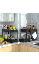 Load image into Gallery viewer, 2 Pack Double Sliding Under Sink Organizers and Storage, 2 Tier Under Bathroom Cabinet Shelf Organizer with Hooks Hanging Cup, Home Organization, Black