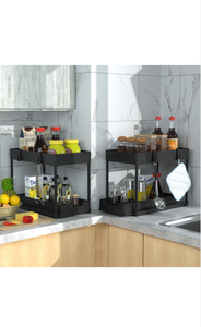 2 Pack Double Sliding Under Sink Organizers and Storage, 2 Tier Under Bathroom Cabinet Shelf Organizer with Hooks Hanging Cup, Home Organization, Black
