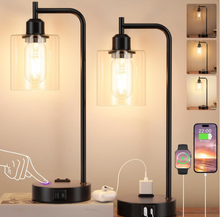 Load image into Gallery viewer, Industrial Touch Table Lamps for Bedrooms Set of 2 - 3-Way Dimmable Nightstand Lamps with USB C+A Ports and Outlet, Black Bedside Lamps with Glass Shade for Living Room, Desk Lamps for Home Office