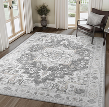 Load image into Gallery viewer, 3X5 Area Rugs Machine Washable Runner Rugs for Living Room Bedroom Hallway, Non Slip Indoor Soft Accent Distressed Boho Vintage Print Lightweight Thin Low Pile Carpet, Grey