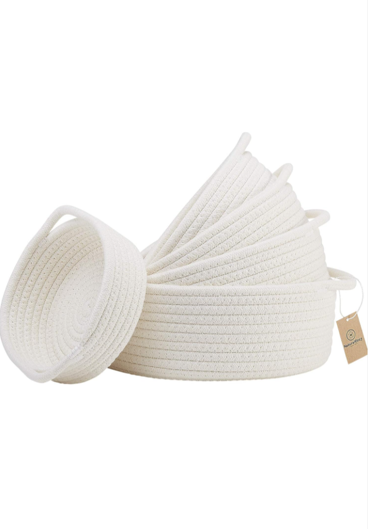 NaturalCozy 5-Piece Round Small Woven Baskets Set– Cotton Rope Baskets for Organizing! Montessori Toys, Fruits Remotes Key Tray Bowl for Entryway Desk, Shallow Catchall Home Décor, Cat Dog Bin Gift