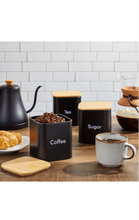 Load image into Gallery viewer, Juvale Coffee Tea Sugar Container Set - Black Iron Kitchen Canister Set with Bamboo Lids (3 Pieces, 48 oz)