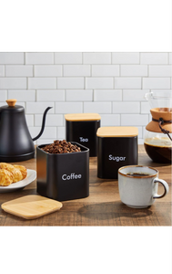 Juvale Coffee Tea Sugar Container Set - Black Iron Kitchen Canister Set with Bamboo Lids (3 Pieces, 48 oz)