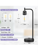 Load image into Gallery viewer, Industrial Touch Table Lamps for Bedrooms Set of 2 - 3-Way Dimmable Nightstand Lamps with USB C+A Ports and Outlet, Black Bedside Lamps with Glass Shade for Living Room, Desk Lamps for Home Office