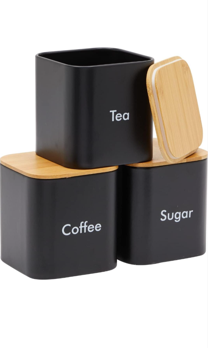 Juvale Coffee Tea Sugar Container Set - Black Iron Kitchen Canister Set with Bamboo Lids (3 Pieces, 48 oz)