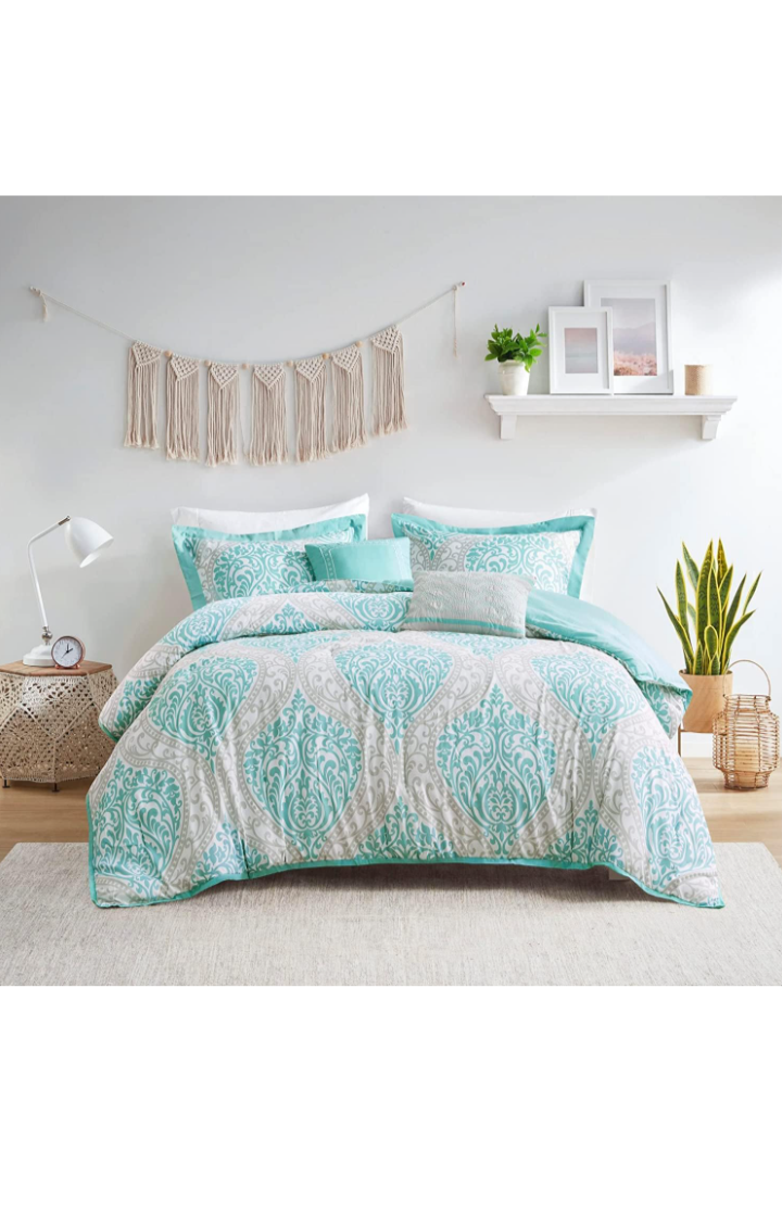 Intelligent Design Senna Comforter Set Twin/Twin XL Size - Aqua Blue/Gray, Damask – 4 Piece Bed Sets – All Season Ultra Soft Microfiber Teen Bedding - Great For Dorm Room and Girls Bedroom.
