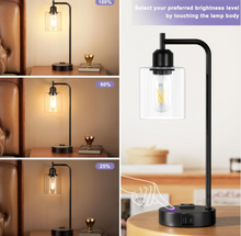 Load image into Gallery viewer, Industrial Touch Table Lamps for Bedrooms Set of 2 - 3-Way Dimmable Nightstand Lamps with USB C+A Ports and Outlet, Black Bedside Lamps with Glass Shade for Living Room, Desk Lamps for Home Office