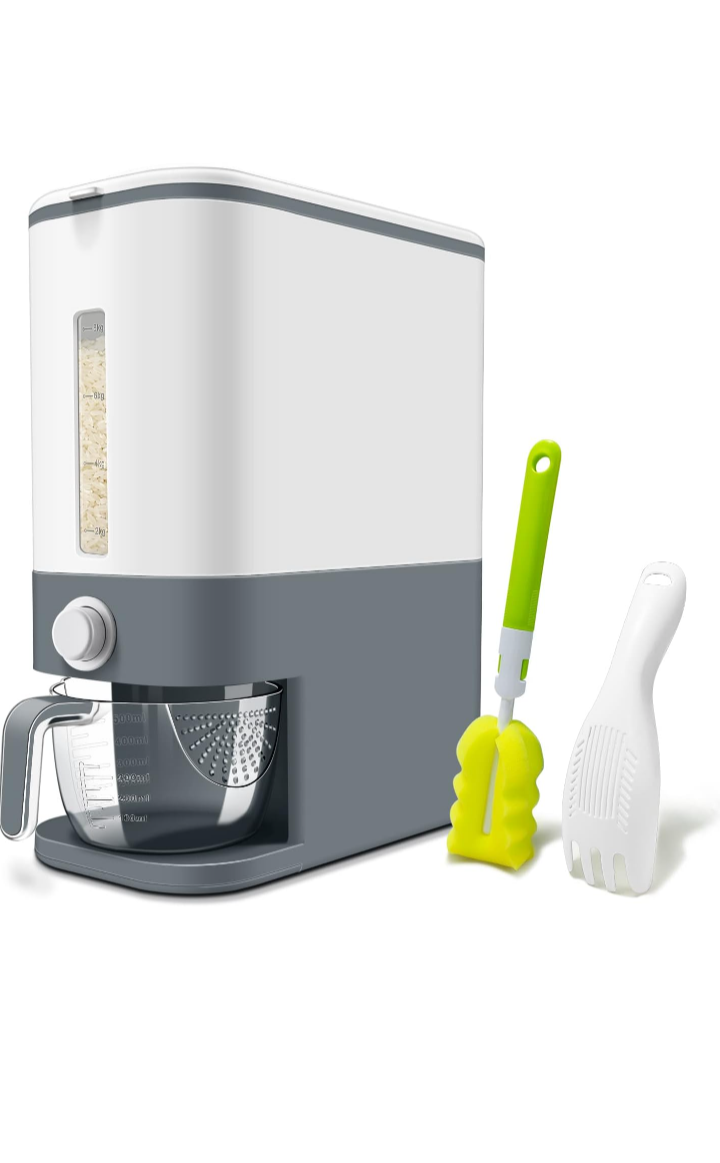 25 Lbs Gray Rice Dispenser, Rice Container with Lid, Rice Storage Container with Measuring Cup.