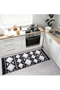 2x6.5 Runner Rugs for Bedroom Bedside, Geometric Washable Hallway Runner Carpet, Farmhouse Tufted Woven Tassel Rug for Kitchen Bathroom Laundry Room Decor, Black/White
