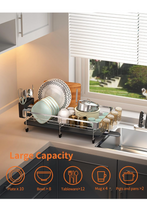 Load image into Gallery viewer, Dish Drying Rack, Dish Rack with Drainboard, Kitchen Dish Drying Rack with Rotatable Swivel Spout and Utensil Holder, Stainless Steel Expandable Dish Drainer - Grey