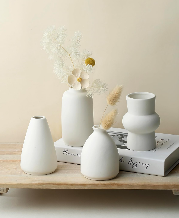 Set of 6 White Ceramic Bud Vases for Flowers, Pampas Grass Small Vases for Farmhouse Boho Decor, Decorative Vases for Centerpiece, Wedding Decoration, Home and Office, Room and Table Decor