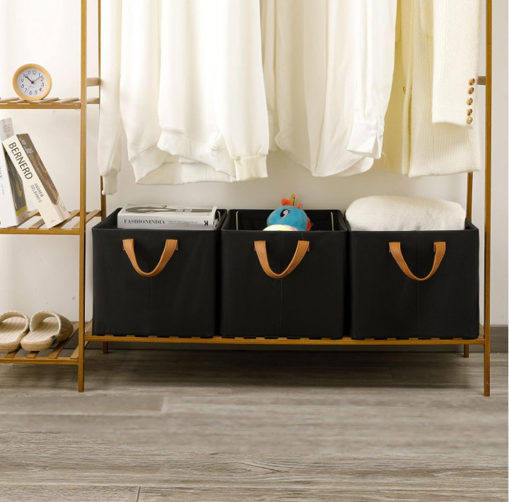 Furnhome 3 sets Black Storage Bins for Closet / Shelves, 2-Pack Large Storage Basket for Organizing with Metal Frame, Flodable organizing baskets for shelves.