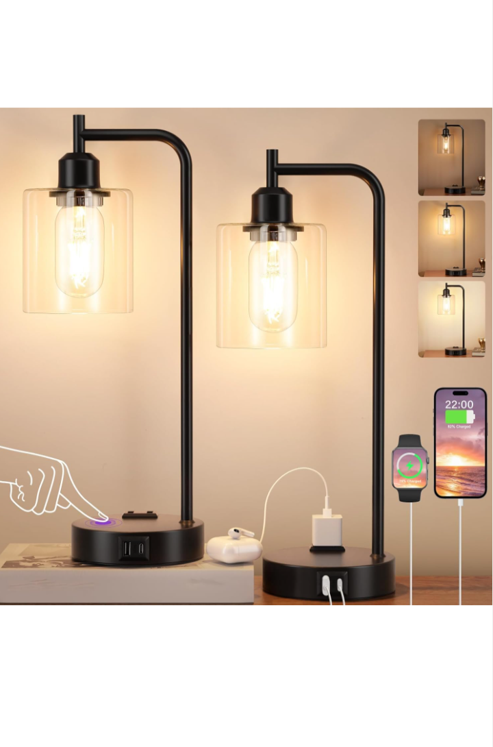 Industrial Touch Table Lamps for Bedrooms Set of 2 - 3-Way Dimmable Nightstand Lamps with USB C+A Ports and Outlet, Black Bedside Lamps with Glass Shade for Living Room, Desk Lamps for Home Office