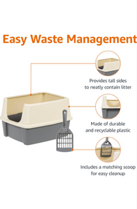 Large Cat Litter Box with High Sides, Open Top, Scoop not included, 19 x 15 x 11.75 inches, Grey/Beige