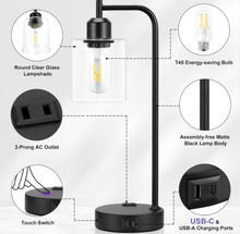 Load image into Gallery viewer, Industrial Touch Table Lamps for Bedrooms Set of 2 - 3-Way Dimmable Nightstand Lamps with USB C+A Ports and Outlet, Black Bedside Lamps with Glass Shade for Living Room, Desk Lamps for Home Office