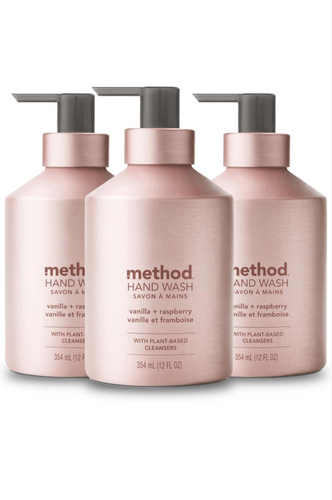 Method Gel Hand Soap, Vanilla + Raspberry, Reusable Pink Aluminum Bottle, Biodegradable Formula, 12 oz (Pack of 3)