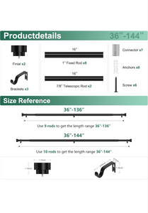 HEI! DEAR Black Curtain Rods 72 to 144 Inch(6-12FT),1 Inch Long Curtain Rod,Adjustable Heavy Duty Curtain Rods,Modern Decorative Drapery Rods,Telescoping Window Single Curtain Rod 36-150",Matte Black