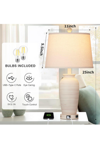 25" Farmhouse Jar Table Lamps Set of 2, 3 Way Touch Control Rustic Bedside Lamps with USB A+C Ports.