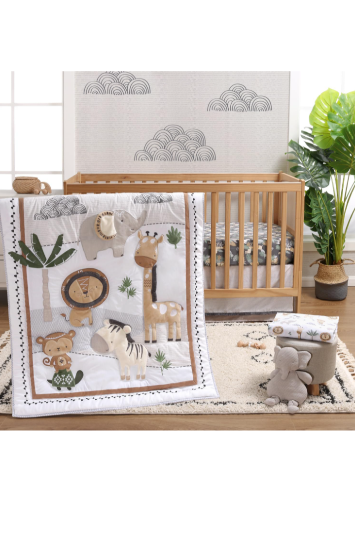 The Peanutshell 4 Piece Organic Cotton Baby Crib Bedding Set for Boys & Girls - Newborn, Infant & Toddler Nursery Bed Set Decor with Two Crib Sheets, Dust Ruffle Comforter - Safari Serenity.