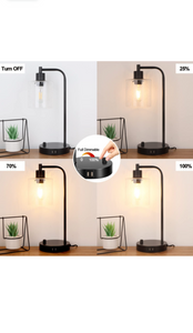 Set of 2 Industrial Table Lamps with 2 USB Port, Fully Stepless Dimmable Lamps ..